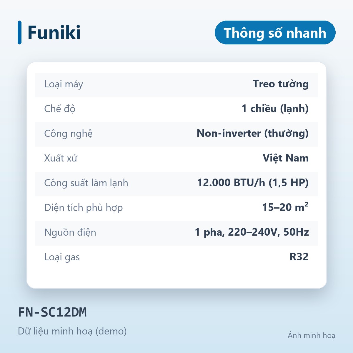 Điều hòa Funiki 12.000BTU 1 chiều FN-SC12DM – ảnh thông số nhanh (minh hoạ)