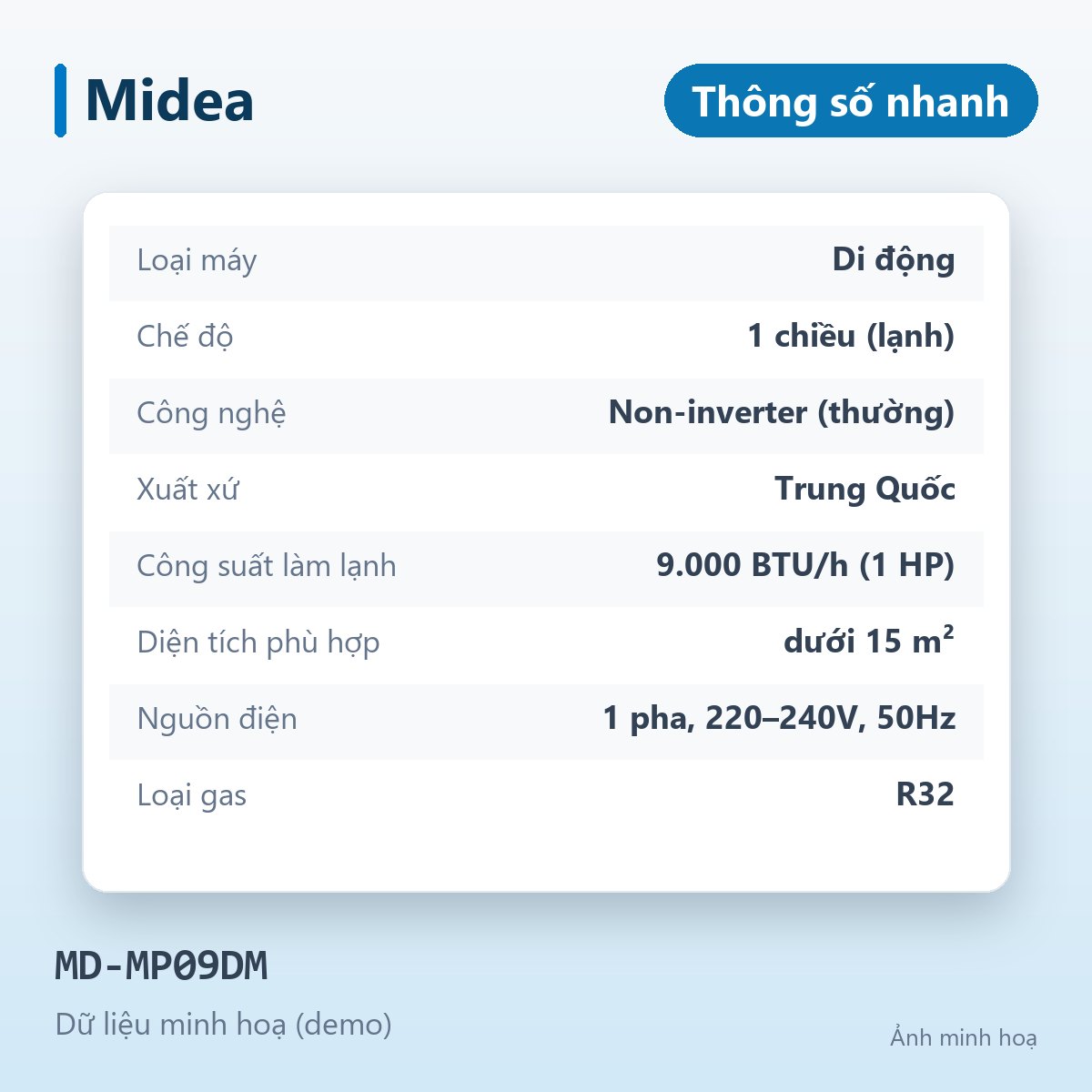 Điều hòa di động Midea 9.000BTU 1 chiều MD-MP09DM – ảnh thông số nhanh (minh hoạ)
